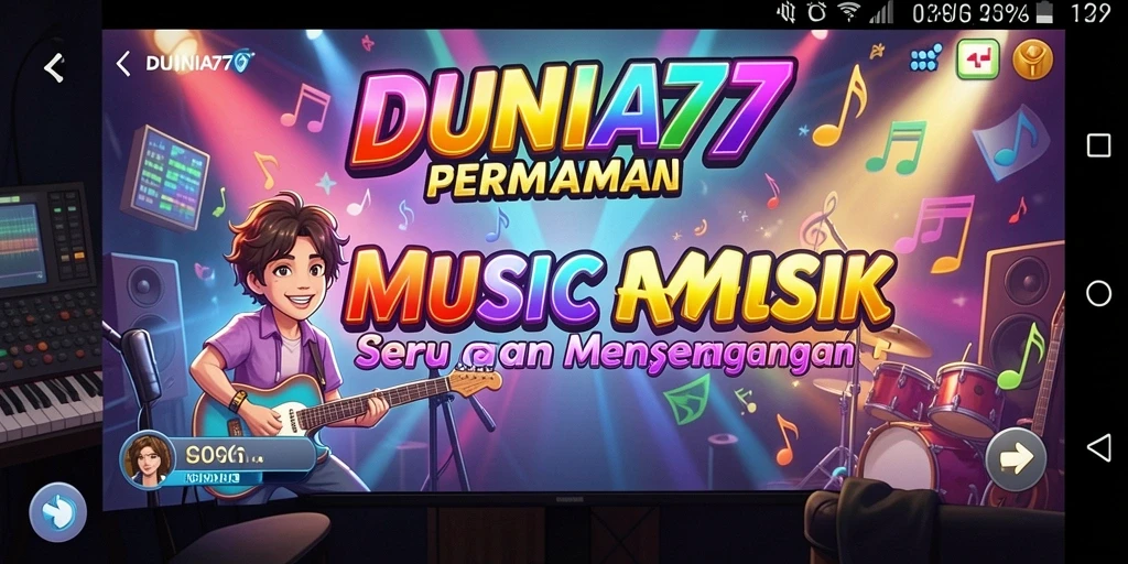 Tampilan gameplay seru dalam DUNIA77 dengan berbagai pilihan musik.