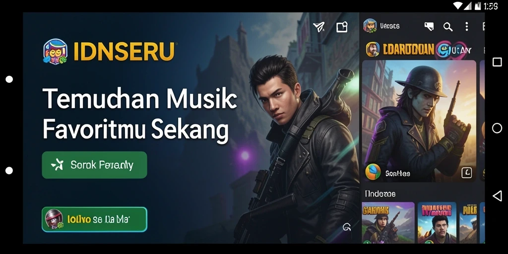 Screenshot utama IDNSERU menampilkan antarmuka aplikasi musik yang menarik.