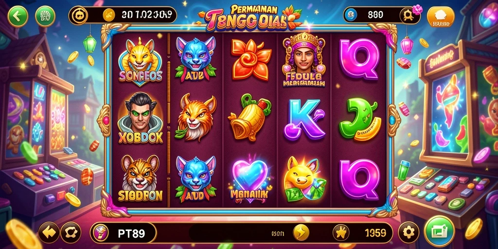 Screenshot gameplay PT89 menampilkan mesin slot yang penuh warna.