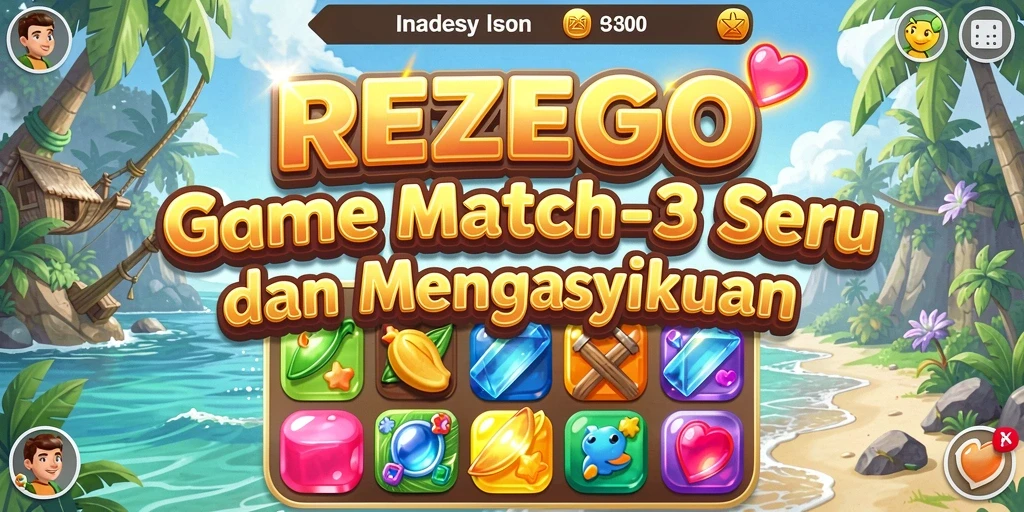 Tangkapan layar gameplay REZEGO yang menampilkan pencocokan elemen Match-3 yang seru.