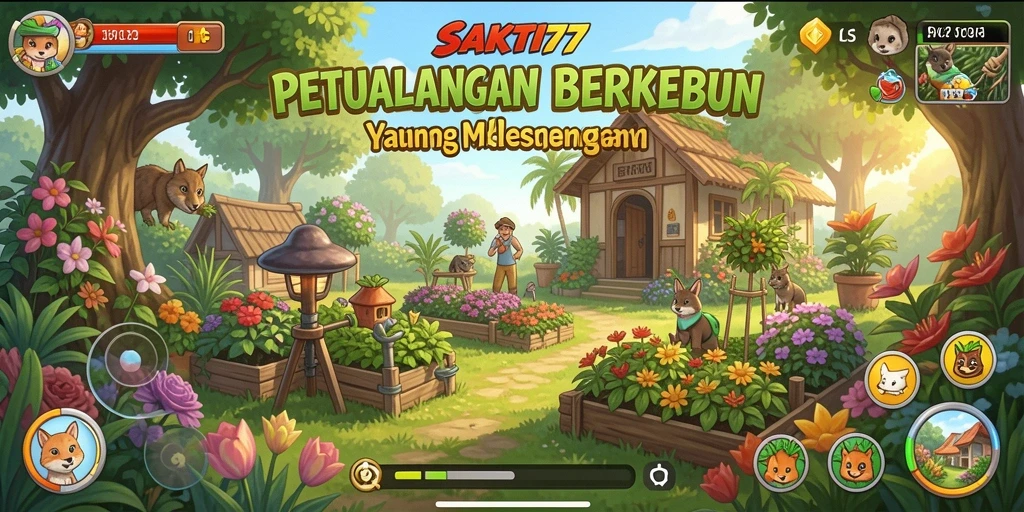 Tampilan gameplay SAKTI77 dengan ladang yang subur dan tanaman yang beragam.