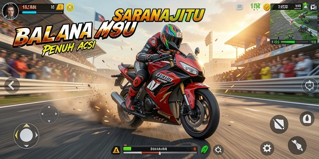 Screenshot gameplay SARANAJITU yang menampilkan balapan motor yang seru.