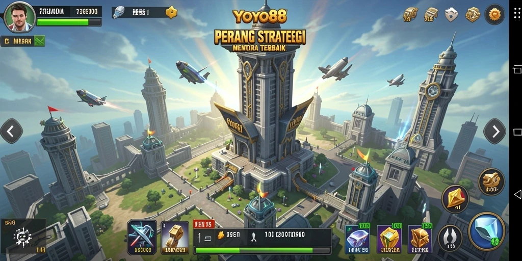 Screenshot gameplay menunjukkan aksi menara bertahan dari serangan musuh.